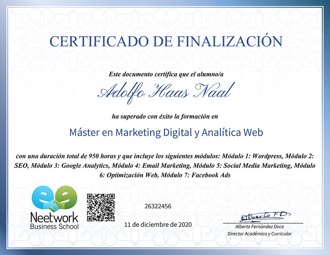 Certificado de Máster Gratuito en Marketing Digital- Adolfo Haas